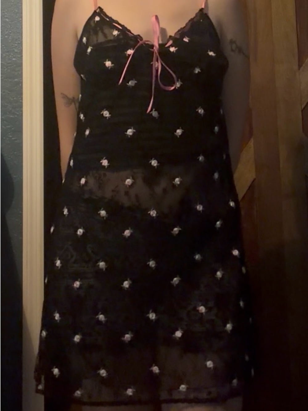 Victoria's Secret Black Sheer Floral Slip with Pink Accents
